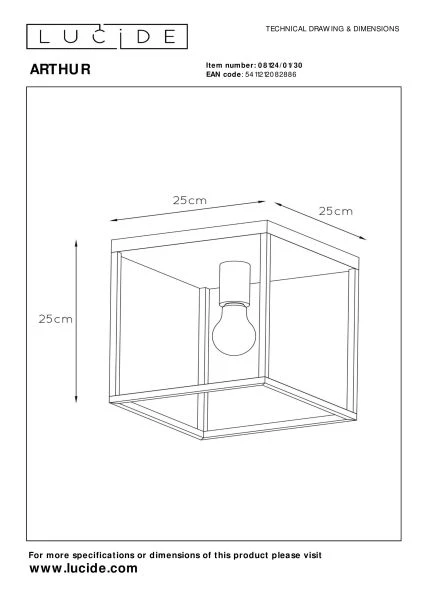 Lucide ARTHUR - Plafonnier - 1xE27 - Noir - TECHNISCH